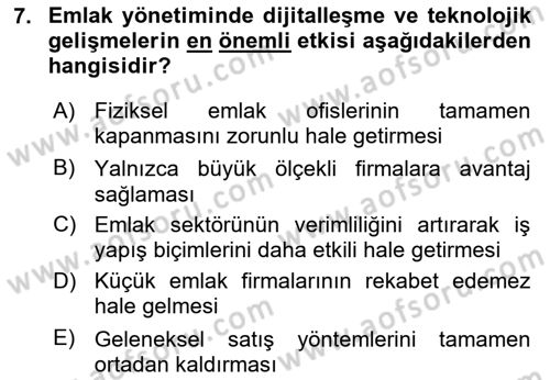 Emlak Yönetimi Dersi 2024 - 2025 Yılı (Final) Dönem Sonu Sınav Soruları 7. Soru