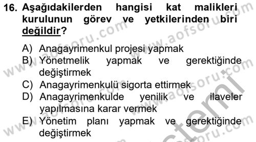 Bina ve Site Yöneticiliği Dersi 2014 - 2015 Yılı (Vize) Ara Sınav Soruları 16. Soru