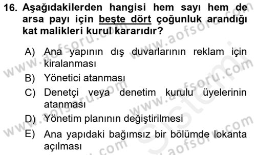 Bina ve Site Yöneticiliği Dersi 2015 - 2016 Yılı (Vize) Ara Sınav Soruları 16. Soru