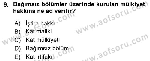 Bina ve Site Yöneticiliği Dersi 2015 - 2016 Yılı (Vize) Ara Sınav Soruları 9. Soru