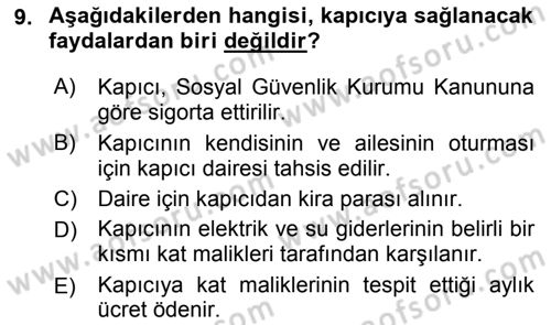 Bina ve Site Yöneticiliği Dersi 2015 - 2016 Yılı Tek Ders Sınav Soruları 9. Soru