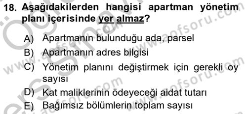 Bina ve Site Yöneticiliği Dersi 2016 - 2017 Yılı 3 Ders Sınav Soruları 18. Soru