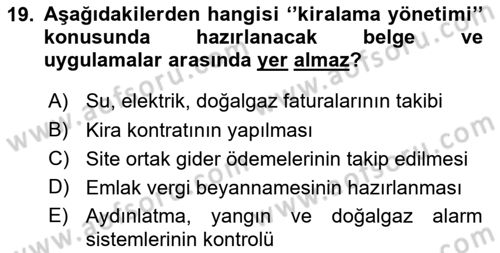 Bina ve Site Yöneticiliği Dersi 2016 - 2017 Yılı 3 Ders Sınav Soruları 19. Soru