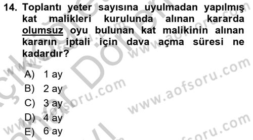 Bina ve Site Yöneticiliği Dersi 2016 - 2017 Yılı (Vize) Ara Sınav Soruları 14. Soru