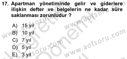Bina ve Site Yöneticiliği Dersi 2016 - 2017 Yılı (Final) Dönem Sonu Sınav Soruları 17. Soru