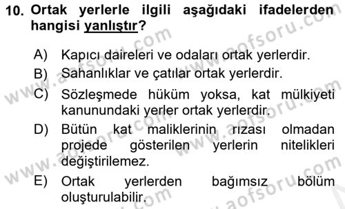 Bina ve Site Yöneticiliği Dersi 2017 - 2018 Yılı 3 Ders Sınav Soruları 10. Soru