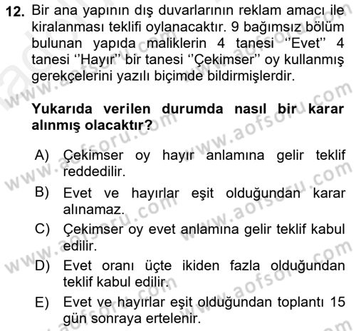 Bina ve Site Yöneticiliği Dersi 2017 - 2018 Yılı 3 Ders Sınav Soruları 12. Soru