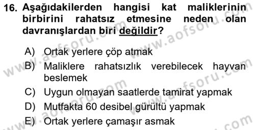 Bina ve Site Yöneticiliği Dersi 2017 - 2018 Yılı 3 Ders Sınav Soruları 16. Soru