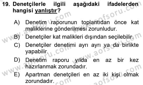 Bina ve Site Yöneticiliği Dersi 2017 - 2018 Yılı 3 Ders Sınav Soruları 19. Soru