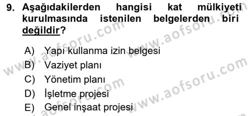 Bina ve Site Yöneticiliği Dersi 2017 - 2018 Yılı 3 Ders Sınav Soruları 9. Soru