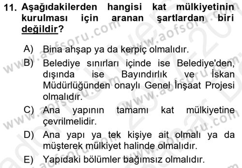 Bina ve Site Yöneticiliği Dersi 2017 - 2018 Yılı (Vize) Ara Sınav Soruları 11. Soru