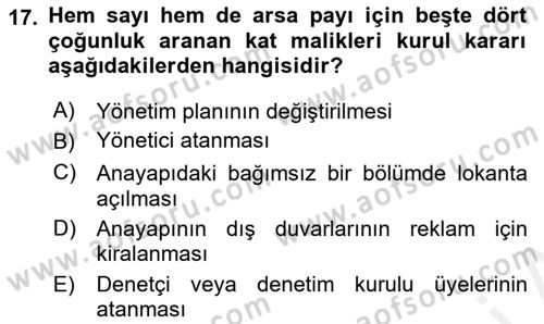 Bina ve Site Yöneticiliği Dersi 2017 - 2018 Yılı (Vize) Ara Sınav Soruları 17. Soru