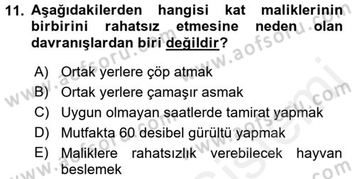 Bina ve Site Yöneticiliği Dersi 2017 - 2018 Yılı (Final) Dönem Sonu Sınav Soruları 11. Soru