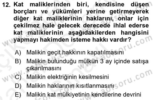 Bina ve Site Yöneticiliği Dersi 2017 - 2018 Yılı (Final) Dönem Sonu Sınav Soruları 12. Soru
