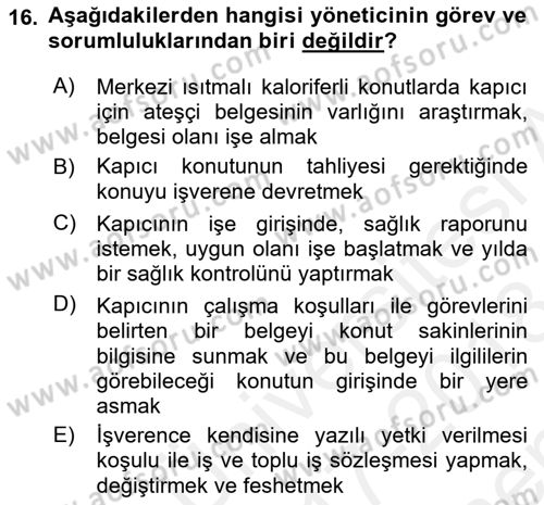 Bina ve Site Yöneticiliği Dersi 2017 - 2018 Yılı (Final) Dönem Sonu Sınav Soruları 16. Soru
