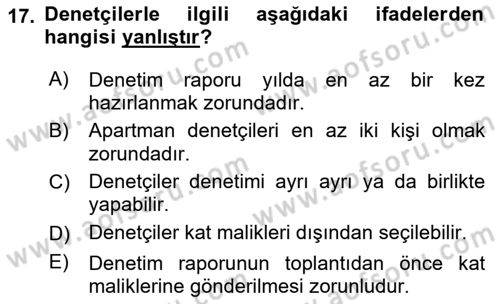 Bina ve Site Yöneticiliği Dersi 2017 - 2018 Yılı (Final) Dönem Sonu Sınav Soruları 17. Soru