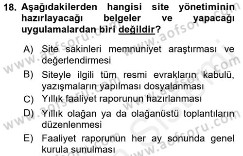 Bina ve Site Yöneticiliği Dersi 2017 - 2018 Yılı (Final) Dönem Sonu Sınav Soruları 18. Soru