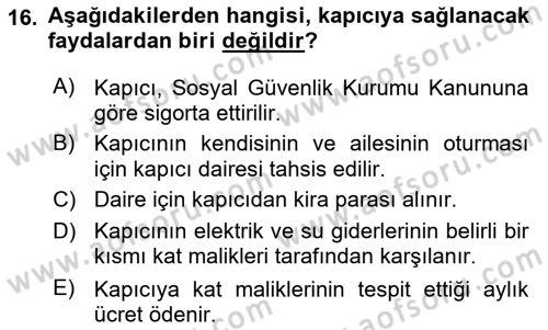 Bina ve Site Yöneticiliği Dersi 2018 - 2019 Yılı 3 Ders Sınav Soruları 16. Soru