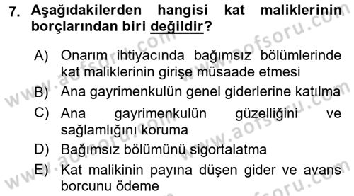 Bina ve Site Yöneticiliği Dersi 2018 - 2019 Yılı 3 Ders Sınav Soruları 7. Soru