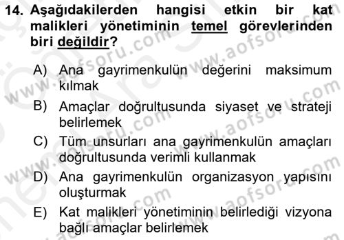 Bina ve Site Yöneticiliği Dersi 2018 - 2019 Yılı (Vize) Ara Sınav Soruları 14. Soru