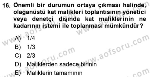 Bina ve Site Yöneticiliği Dersi 2018 - 2019 Yılı (Vize) Ara Sınav Soruları 16. Soru