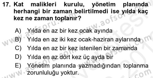 Bina ve Site Yöneticiliği Dersi 2018 - 2019 Yılı (Vize) Ara Sınav Soruları 17. Soru
