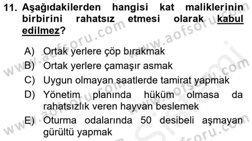 Bina ve Site Yöneticiliği Dersi 2018 - 2019 Yılı (Final) Dönem Sonu Sınav Soruları 11. Soru