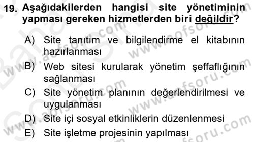 Bina ve Site Yöneticiliği Dersi 2018 - 2019 Yılı (Final) Dönem Sonu Sınav Soruları 19. Soru
