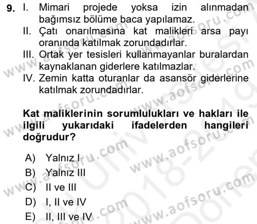 Bina ve Site Yöneticiliği Dersi 2018 - 2019 Yılı (Final) Dönem Sonu Sınav Soruları 9. Soru
