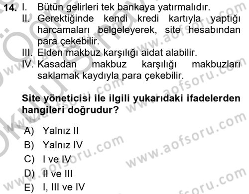 Bina ve Site Yöneticiliği Dersi 2018 - 2019 Yılı Yaz Okulu Sınav Soruları 14. Soru