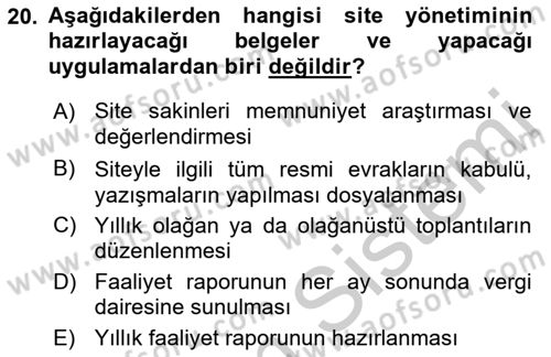 Bina ve Site Yöneticiliği Dersi 2018 - 2019 Yılı Yaz Okulu Sınav Soruları 20. Soru