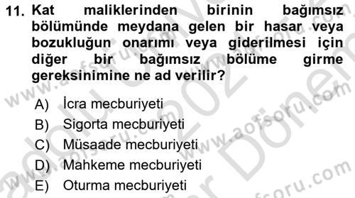 Bina ve Site Yöneticiliği Dersi 2021 - 2022 Yılı (Final) Dönem Sonu Sınav Soruları 11. Soru