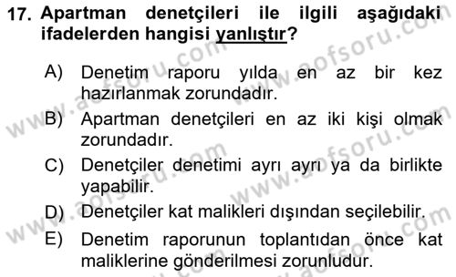 Bina ve Site Yöneticiliği Dersi 2021 - 2022 Yılı (Final) Dönem Sonu Sınav Soruları 17. Soru
