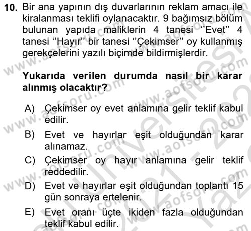Bina ve Site Yöneticiliği Dersi 2021 - 2022 Yılı Yaz Okulu Sınav Soruları 10. Soru