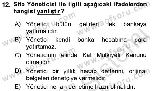 Bina ve Site Yöneticiliği Dersi 2021 - 2022 Yılı Yaz Okulu Sınav Soruları 12. Soru