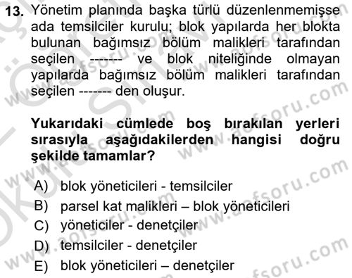 Bina ve Site Yöneticiliği Dersi 2021 - 2022 Yılı Yaz Okulu Sınav Soruları 13. Soru