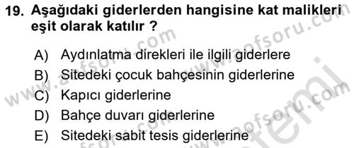 Bina ve Site Yöneticiliği Dersi 2021 - 2022 Yılı Yaz Okulu Sınav Soruları 19. Soru