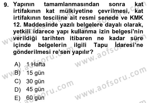 Bina ve Site Yöneticiliği Dersi 2021 - 2022 Yılı Yaz Okulu Sınav Soruları 9. Soru