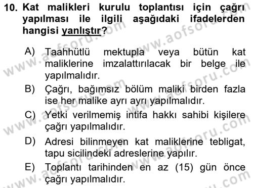 Bina ve Site Yöneticiliği Dersi 2022 - 2023 Yılı Yaz Okulu Sınav Soruları 10. Soru