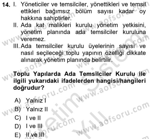 Bina ve Site Yöneticiliği Dersi 2022 - 2023 Yılı Yaz Okulu Sınav Soruları 14. Soru