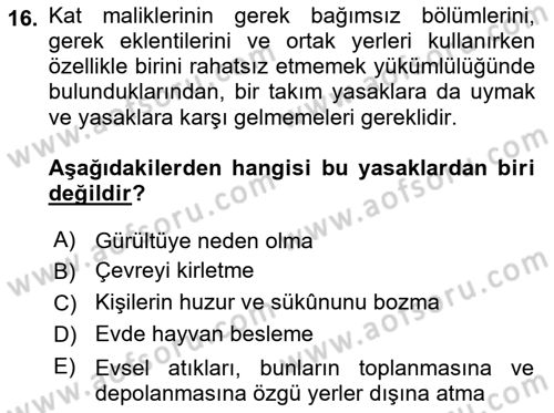 Bina ve Site Yöneticiliği Dersi 2022 - 2023 Yılı Yaz Okulu Sınav Soruları 16. Soru