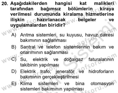 Bina ve Site Yöneticiliği Dersi 2022 - 2023 Yılı Yaz Okulu Sınav Soruları 20. Soru
