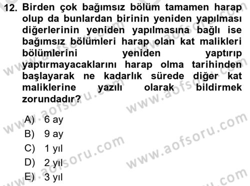 Bina ve Site Yöneticiliği Dersi 2023 - 2024 Yılı (Vize) Ara Sınav Soruları 12. Soru