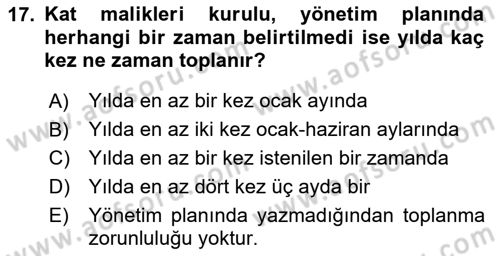 Bina ve Site Yöneticiliği Dersi 2023 - 2024 Yılı (Vize) Ara Sınav Soruları 17. Soru