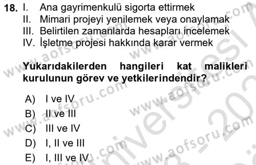 Bina ve Site Yöneticiliği Dersi 2023 - 2024 Yılı (Vize) Ara Sınav Soruları 18. Soru