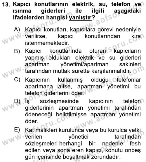 Bina ve Site Yöneticiliği Dersi 2023 - 2024 Yılı (Final) Dönem Sonu Sınav Soruları 13. Soru