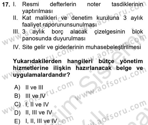 Bina ve Site Yöneticiliği Dersi 2023 - 2024 Yılı (Final) Dönem Sonu Sınav Soruları 17. Soru