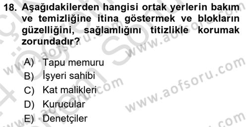 Bina ve Site Yöneticiliği Dersi 2023 - 2024 Yılı (Final) Dönem Sonu Sınav Soruları 18. Soru