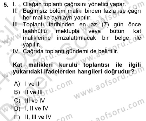 Bina ve Site Yöneticiliği Dersi 2023 - 2024 Yılı (Final) Dönem Sonu Sınav Soruları 5. Soru