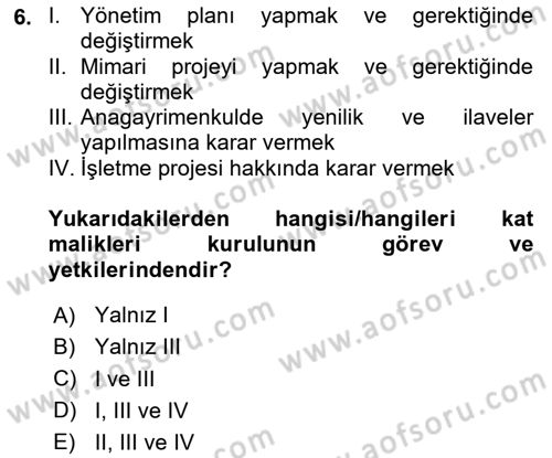 Bina ve Site Yöneticiliği Dersi 2023 - 2024 Yılı (Final) Dönem Sonu Sınav Soruları 6. Soru